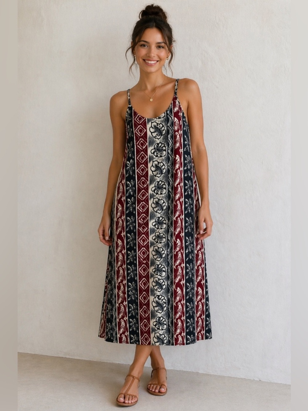 Vintage Blue Sky Tropical Print Maxi Slip Tank Sun Dress Beach Vacation XLG